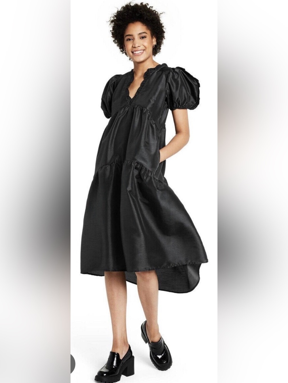 Kika Vargas x Target Black Tiered Ruffle Taffeta Midi Dress Babydoll Goth Small